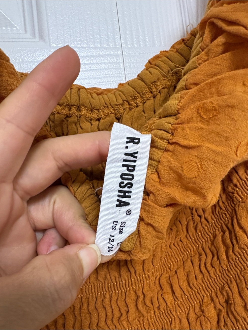 Smocked Puff-Sleeve Midi Dress in Rust - Picture 3 of 4